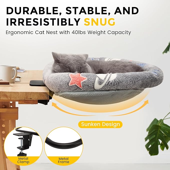 Cat Desk Bed Hammock, Heavy-Duty Metal Frame and Clamp Support up to 40 lbs, Glow in The Dark Fabric, Sunken Design, Foldable and Washable, Indoor Cat Furniture for Office, Game Tables