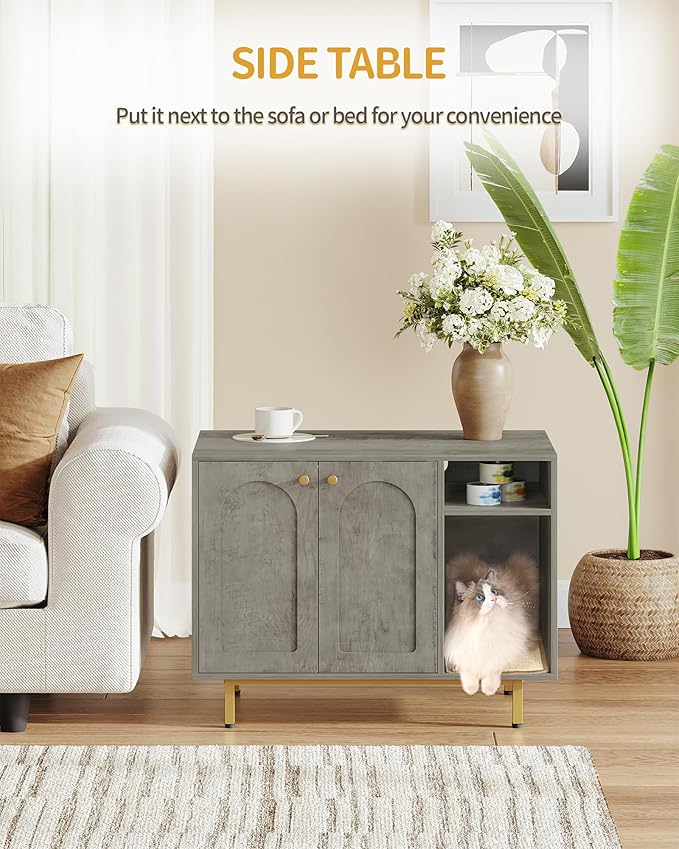 Cat Litter Box Enclosure Enclosed, Hidden Litter Box Cabinet Furniture with Storage, Wooden Indoor Cat House Large, Modern End Table for Living Room Entryway, Greige and Gold CB01505G
