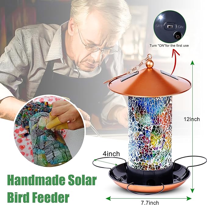 Ottsuls Solar Bird Feeder for Outdoors Hanging, Luxury Mosaic Birdfeeder Metal Vintage Lantern, Unique Bird Lovers Garden Gift for Mom,Dad, Grandma,Birthday