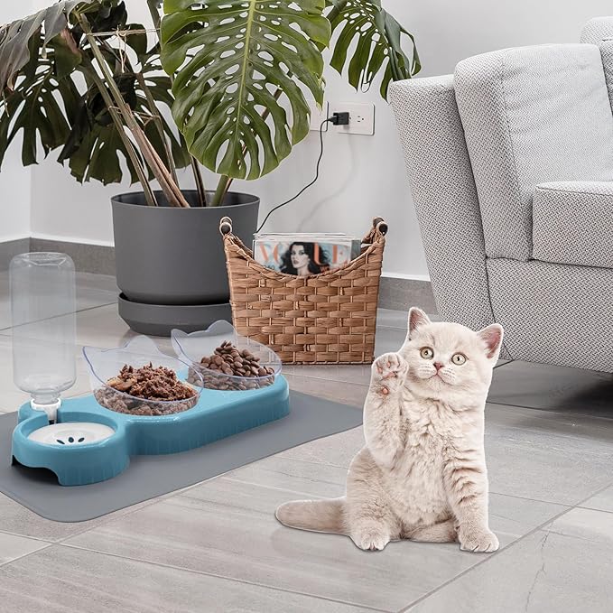 Triple Cat Bowls with Water Dispenser, Pet Whisker Friendly Water and Food Bowl Set with Non-Slip Mat, 15° Tilted Double Feeding Bowls, Elevated Wet and Dry Food Dish for Kitten&Small Dog (Blue)