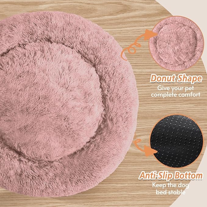 JOLLYVOGUE Calming Dog & Cat Bed for Large Dogs, Anti-Anxiety Donut Cuddler Cozy Soft Round Bed with Anti-Slip Bottom, Fluffy Faux Fur Plush Cushion Beds for Medium Dogs (36")