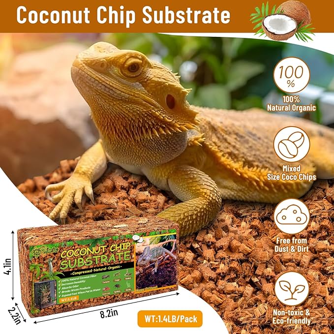 Riare 8 Pack Natural Coconut Chip Substrate for Reptiles- Compressed Coconut Husk Reptiles Bedding, Coco Husk Chip Terrarium Substrate for Snakes, Tortoises, Ball Python, Frogs, Bearded Dragon, Lizard