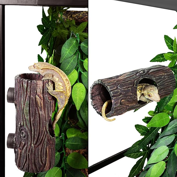 REPTIZOO Magnetic Reptile Hide Cave Resin Hollow Tree Trunk Hideout, Gecko Hide with Strong Magnetic Climbing Toy Reptile Tank Accessories for Crested Gecko,Lizard, Terrarium Decor