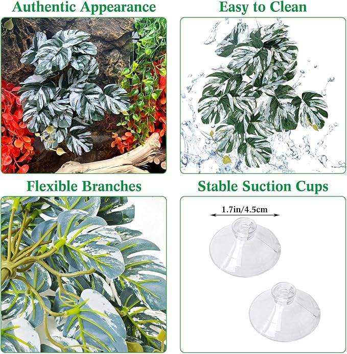 VCEPJH Reptile Plants with Suction Cup Amphibian Habitat Decor 2 Pcs Artificial Leaves for Terrarium Decor Crested Gecko Tank Accessories for Bearded Dragon, Lizard, Snake (White and Green Monstera)