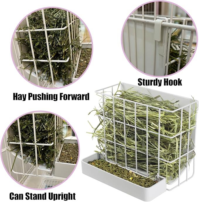 Large Hay & Feed Two in One Feeding Rack Rabbit Hay Rack with Hook Heavy-Duty Metal,Internal Sloping Design，Hay Feeder for Bunny,Rabbit，Chinchillas,Comes with Two Multifunctional Zippers