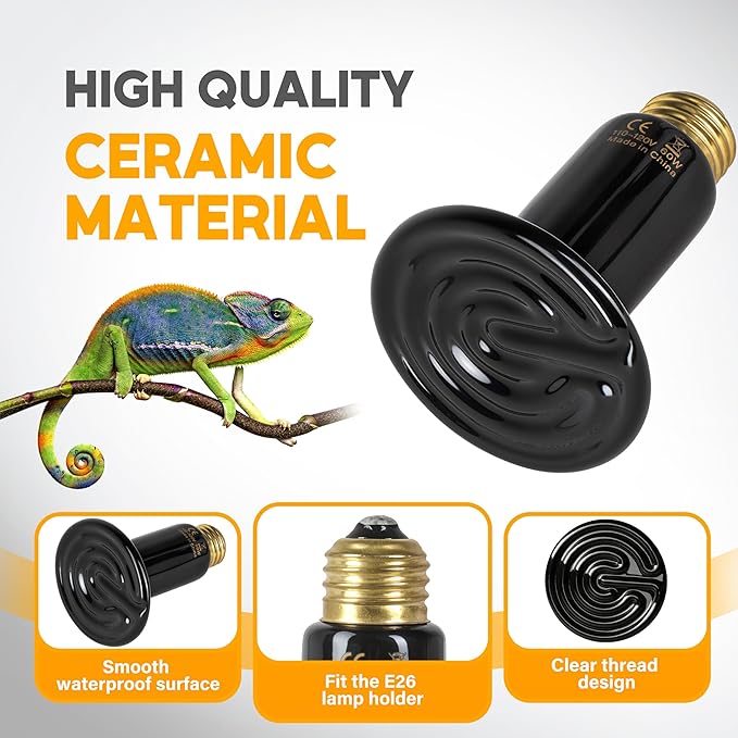HealSmart 60W Reptile Heat Lamp Ceramic Heat Emitter, No Light Emitting Heat Bulbs, Suitable for Snake/Lizard/Spider, Plant Growth and Incubating Chicken, 2-Pack