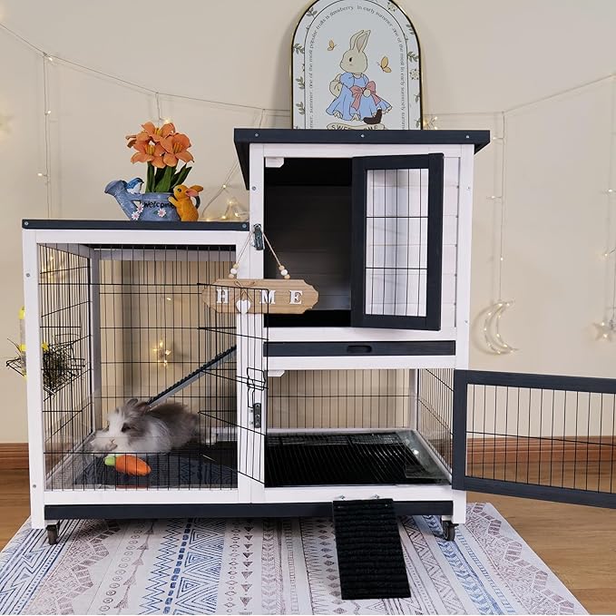 Rabbit Hutch Indoor Bunny Cage Outdoor with Urine Guards 2 Storey Mobile Guinea Pig Cage Weatherproof Asphalt Roof Wire Bottom 2 Trays