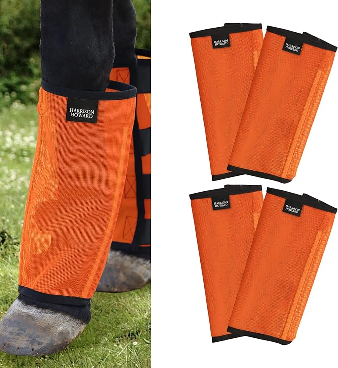 Harrison Howard Loose Fitting Fly Boots UV-Protective Extra Tough Mesh Ventilated Four Fasteners Stay-on Design Protect Horse Legs & Stomp-Reducing Set of 4 Orange Pony