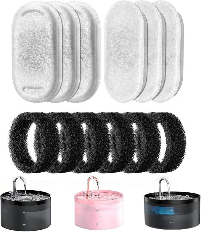 GIOTOHUN 12 Cat Water Fountain Filters: Cat Fountain Filter - Pet Water Fountain Filter - 6 Filters + 6 Sponges of Cat Dispenser - Filter Loose Hair (Sponges) - Triple Filtration (Filters)