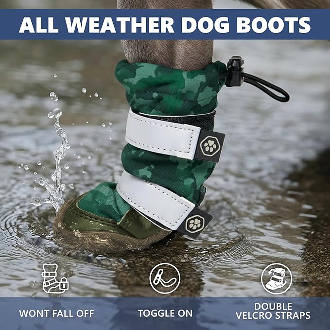 Spark Paws Dog Shoes, Waterproof Dog Boots for Medium to Large Dogs, Non Slip, Breathable Dog Booties and Paw Protectors - 4PCS Doggie Hiking Boots with Reflective Straps, Green Camo, Size 3