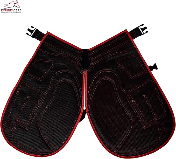 Equine Care Farrier Apron Chaps 2mm Cowhide Leather, 500 GSM Canvas, Air-Mesh, 23" Length, Adjustable Waist (28"-52"), Ergonomic Foam-Padded Thigh & Back Support, 4 Knife Pockets, 2 Nail Magnets.
