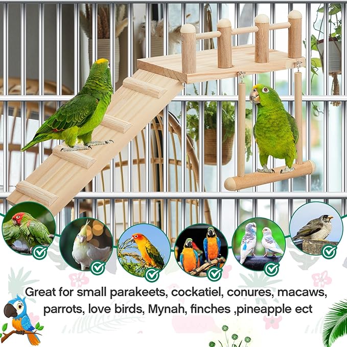 10 Pcs Parrot Swing Toys and Bird Perches Platform with Climbing Ladder Chewing Standing Hanging Parakeet Toys Bird Cage Accessories for Budgerigar Conure Cockatiel Finches Lovebirds