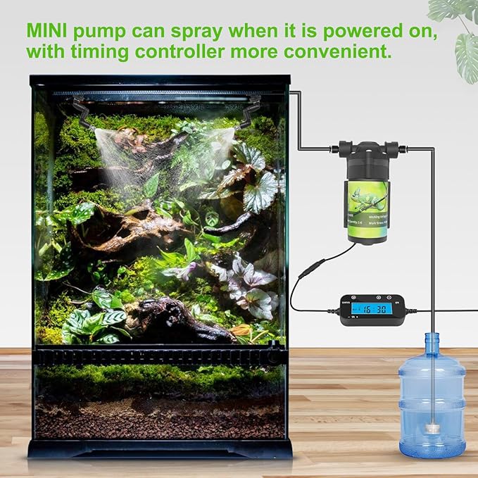 Reptile Mister System with Timer, Reptile humidifier with 6 Spray nozzles,self-Priming Pump Low Noise， misting System for Reptiles of Amphibians, Tanks, Paludarium