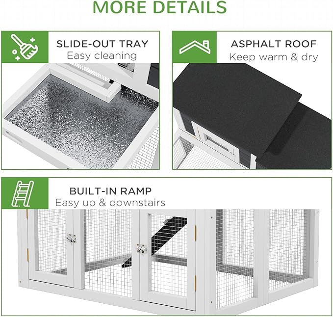 Chicken Coop Outdoor Wooden for 2-4 Chickens with Asphalt Waterproofing Roof, Runways, Pull-Out Trays and Openable Top for Backyard and Indoor (Black and White)