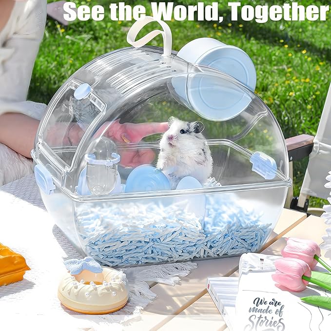 Small Portable Hamster Cages,13×8.2×10.8 Inch Hamster Carrier with Water Bottle,Dwarf Hamster Travel Cage with Storage Box,360º Transparent Acrylic Pet Travel Carrier,Mouse Gerbil Cage(Blue)