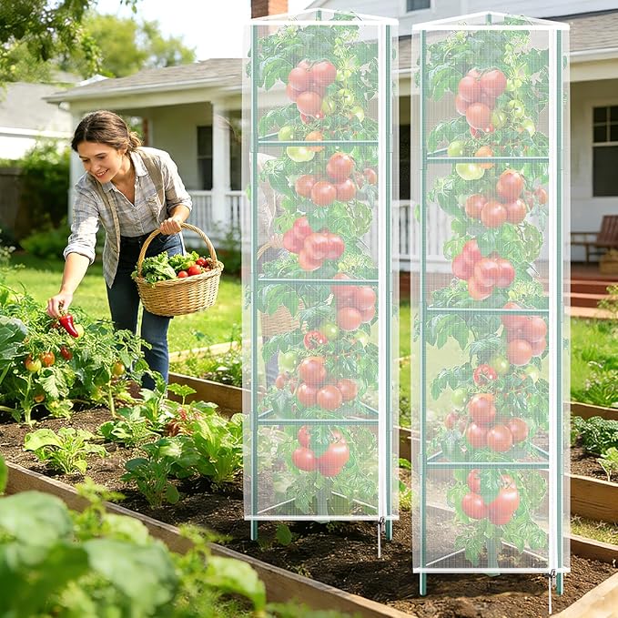 3 Pack Garden Bird Netting Plant Cover for Triangle Tomato Cage, 48"x13" Insect Bird Barrier Tomato Cage Net with Zipper & Drawstring, Tomato Trellis Netting Protection Cover for Protecting Plants