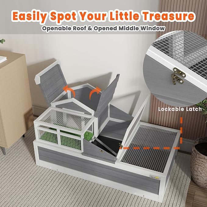 3-Room Large Tortoise Habitat with Pull-Out Tray, Wooden Reptile Enclosure Indoor & Outdoor with Ramp, Grass Mat, Openable Roof, Reptile Cage for Small Animals, Luxurious Tortoise House Villa, Gray
