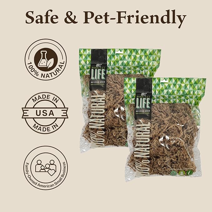 The Habitat Life - Natural Sphagnum Moss - for Reptiles, Amphibians & Invertebrates Terrariums - Humidity Control - Ideal for Burrowing & Nesting - Dye-Free & Safe - Medium - 2 Pack