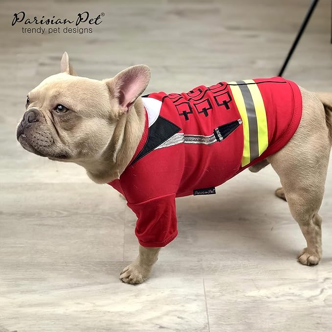Parisian Pet Embroidered Dog Firefighter Costume - 100% Cotton and Polyester - Sleeved Pet Shirt - Red - XL
