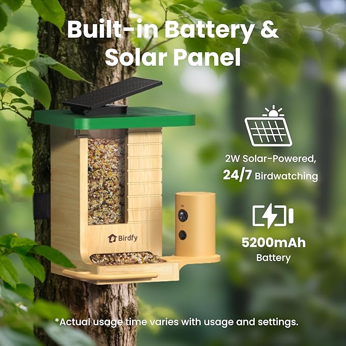 Birdfy Smart Bird Feeder with Camera Solar Powered, Slow-Motion Video & Night Insight, AI Identify 6000+ Species Lifetime Free, Ideal for Outdoors Bird Watching & Gifts for BirdLovers, Wood
