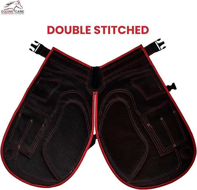 Equine Care Farrier Apron Chaps 2mm Cowhide Leather, 500 GSM Canvas, Air-Mesh, 23" Length, Adjustable Waist (28"-52"), Ergonomic Foam-Padded Thigh & Back Support, 4 Knife Pockets, 2 Nail Magnets.