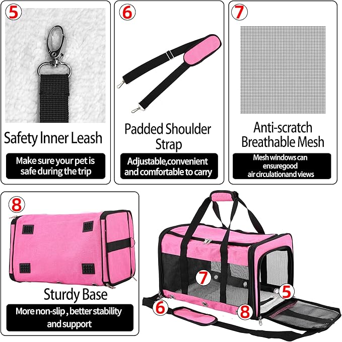 Soft Sided Cat/Dog Carrier,Collapsible Pets Travel Carriers for Pet/Puppy with Shoulder Strap & Removable Mat,Mesh Top Load Small Dogs/Cats Carry Bag Up to 17 Lbs TSA Airline Approved（Pink,M）