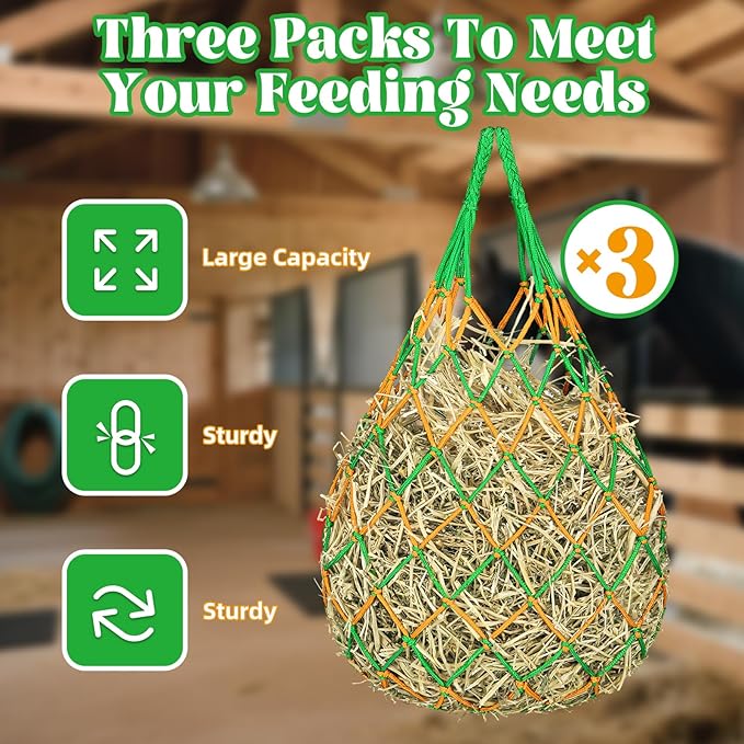 3 Pcs Hay Bags for Horses, Hay Nets for Horses Goat Sheep,Goat Hay Feeder for Slower Feeding,Strong Load-Bearing Hay Bag Hanging for Horse Stable Trailer (Green)