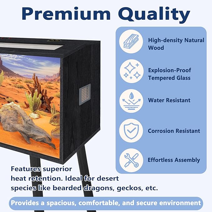 Prolee 63 Gallon Reptile Tank, Tempered Glass Bearded Dragon Tank with Wooden Roof and Lockable Doors, Large Lizard Habitat for Snakes, Iguanas, Chameleons (Black)