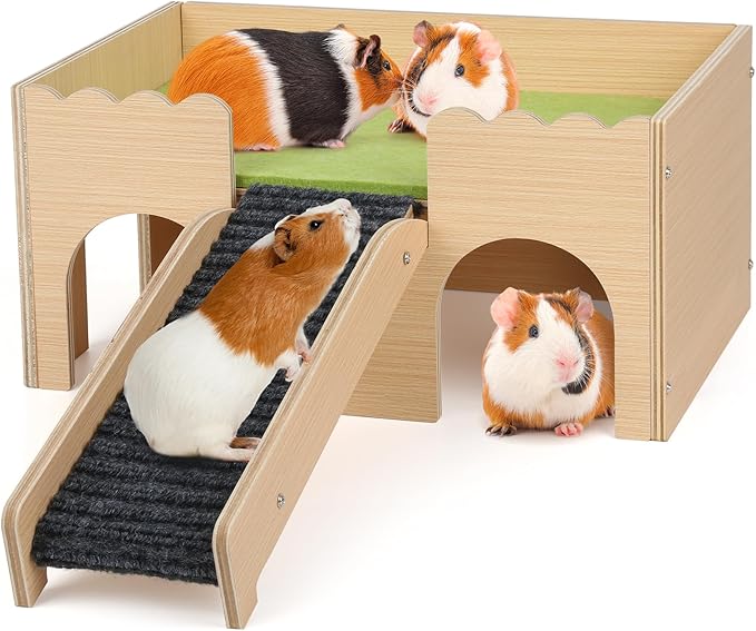 Wooden Guinea Pig Hideout Castle with Stairs,Small Animal Bed Hut Habitats Spacious 2-Level Detachable Small Pet House for Rabbits, Hamsters & Chinchillas Bunny (Green)