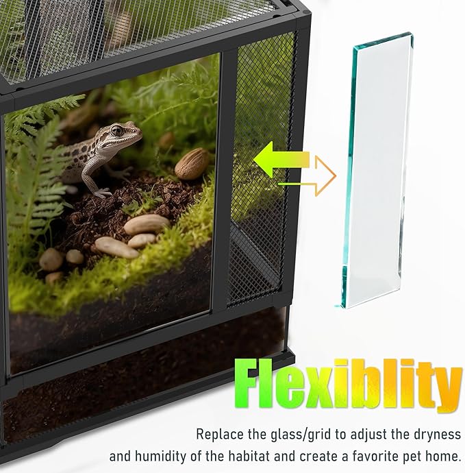 36’’18’’18’’ Reptile Terrarium with Full View Tempered Glass, 48 Gallon Reptiles Habitat Comes with Feeding Port and Mesh Top Vent, Suitable for Reptile Such as Bearded Dragon, Lizard and Snake