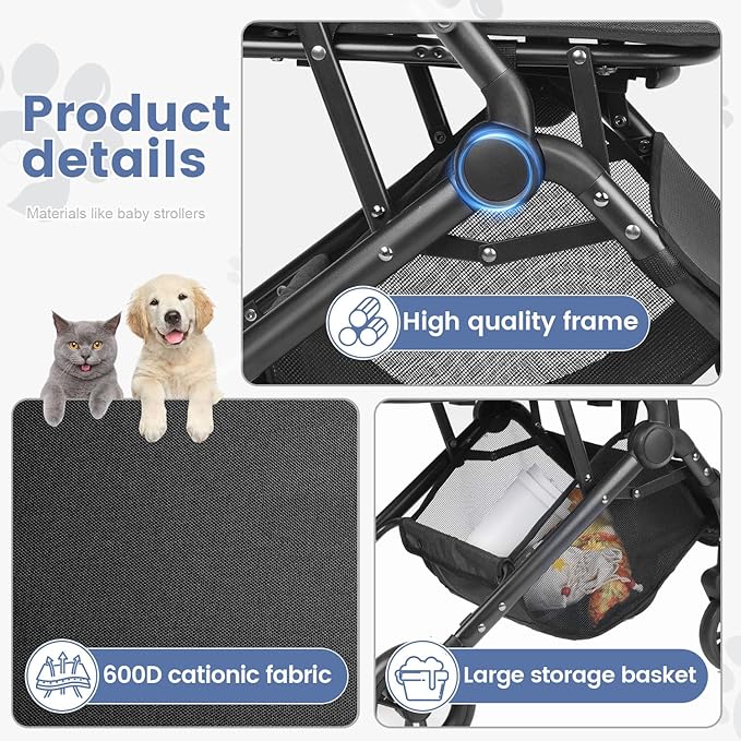 Wedyvko 3 in 1 Dog Stroller, Upgraded Frame, Pet Stroller for Medium Dogs, Shock Absorption, Luggage, Zipperless Entry, Storage Basket & Pouch, Cat Strollers with Dog Poop Bags & Dispenser (Black-p11)