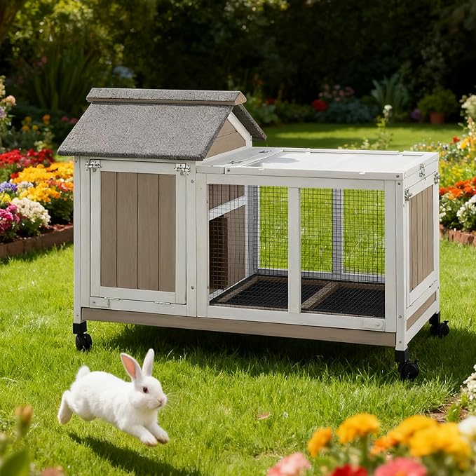 38''L Rabbit Hutch Outdoor with Wheels, Wooden Expandable 2 Story Bunny House Rabbit Cage Indoor with Run, Pull Out Tray, Waterproof Roof, Guinea Pig Cage Chicken Coop for Small to Medium Pets