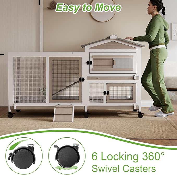 Rabbit Hutch Outdoor Indoor, 2 Story Wooden Bunny Cage with 6 Lockable Wheels, 3 Removable Deep No Leakage Pull Out Trays for Rabbit & Guinea Pig, Chew-Proof Ramp & Waterproof Roof, Grey
