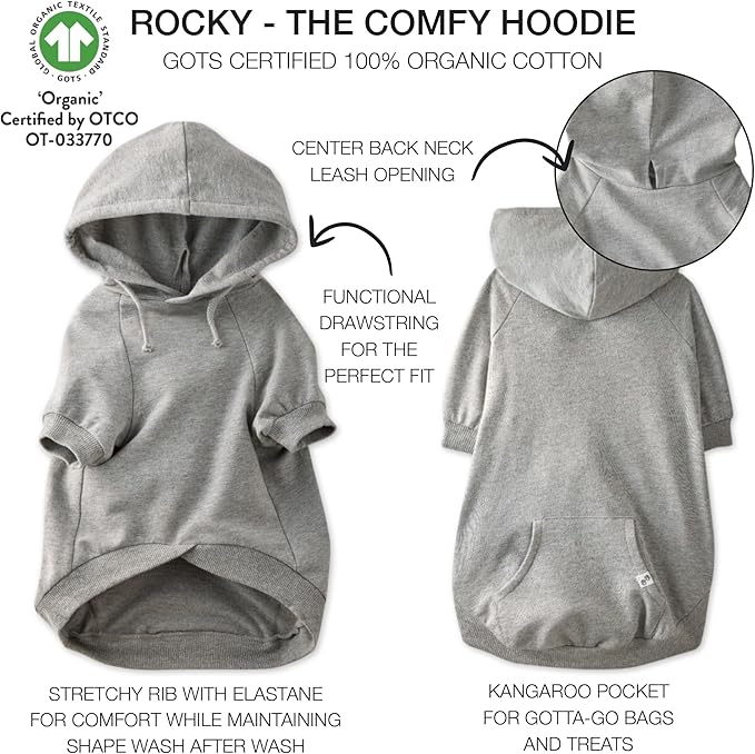 Rocky – The Orginal Lightweight Hooded TEE 100% Organic Cotton Dog Hoodie Pet Coat Sweater for Small, Medium, Large Dogs, Heather Gray, X-Small