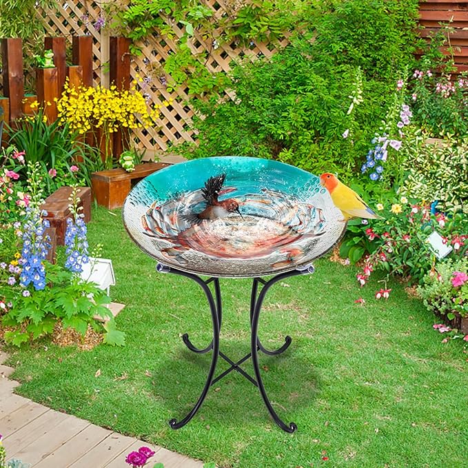 MUMTOP Bird Baths for Outdoors, Crab Glass Large Bird Bath Bowl with Metal Stand, Bird Feeders for Outside and Garden, Patio,Lawn Decor