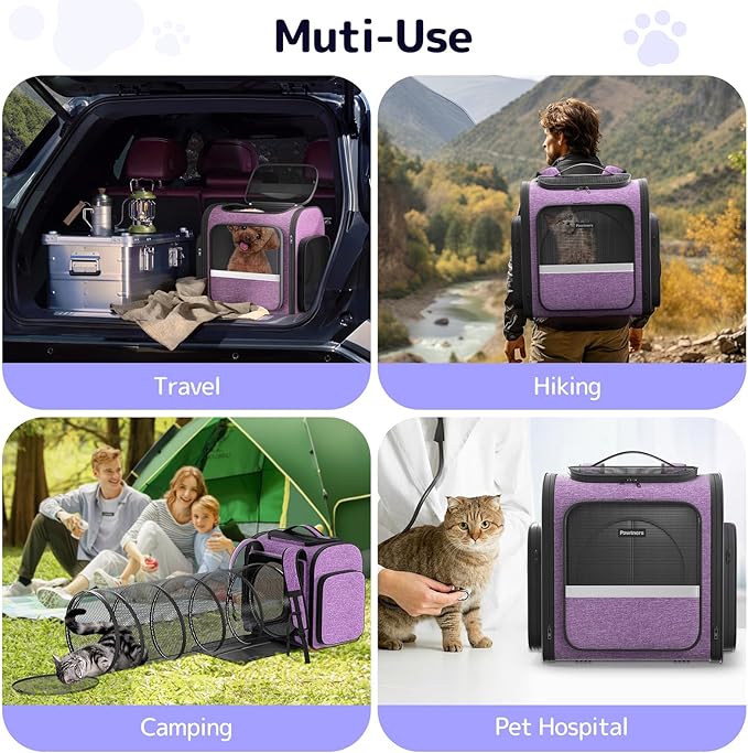Pawtners Cat Backpack Carrier with Play Tunnel, Large Dog Backpack with Breathable Mesh, Expandable Pet Carrier Backpack for Small Medium Kitten Puppy Up to 18 Lbs, Suitable for Travel Hiking Camping