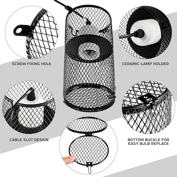 VIHOSE 1 Pcs Reptile Heat Lamp Guard with 150W Ceramic Heat Emitter Basking Anti Scald Heating Lamp Holder Mesh Cage Reptile Protection Lampshades for Lizard Snake Chick, Bulb Not Included