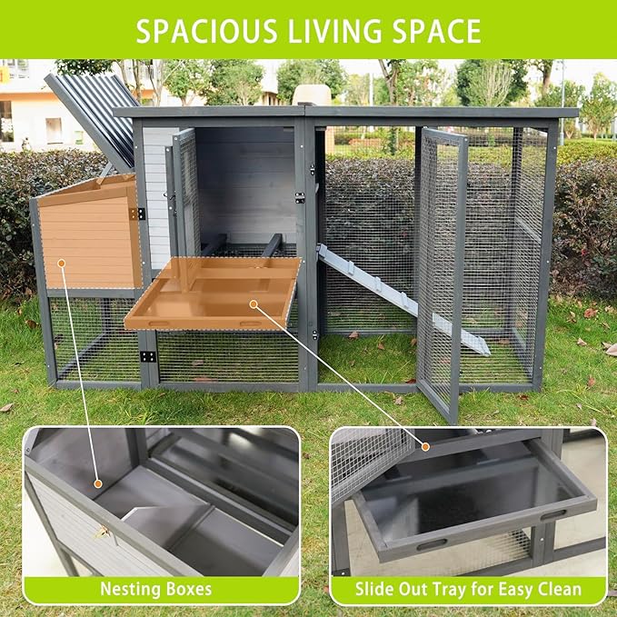 79" Large Wooden Outdoor Chicken Coop with Double-Layer Winter Coop with Large Nest Box, Rainproof Roof and Removable Trays Outdoor Compatible, Suitable for Duck Coops and Rabbit Coops4-6 Chickens
