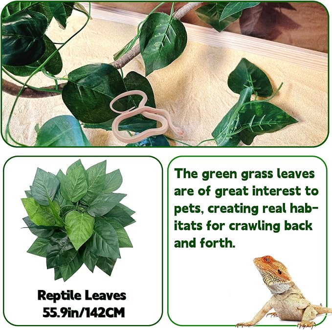 6PCS Bearded Dragon Hammock Lizard Natural Seagrass Hammock Reptile Jungle Climbing Vines and Leaves with Suction Cups Habitat Décor Tank Accessories for Hiding& Climbing Snake Gecko Bird Chameleon