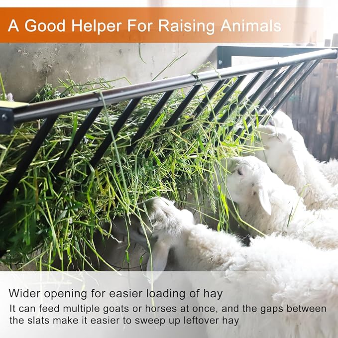 Goats Hay Feeder, 31.5'' Long, Heavy Duty Iron Wall Hay Rack, Blanket Holder, Large Capacity for Goats,Horses,Cattle and Other Livestock, Farm Indoor and Outdoor Use, Black