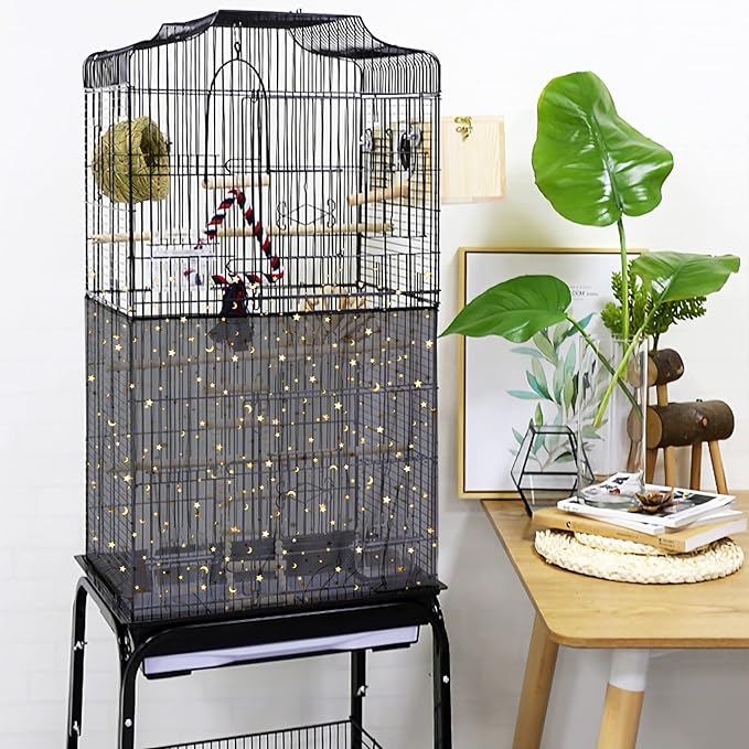 JULMELON 2Pcs Adjustable Bird Cage Seed Catcher(Black) Birdcage Nylon Mesh Cover Twinkle Star Universal Birdcage Cover for Parakeet Round Square Cage with Spring Hook