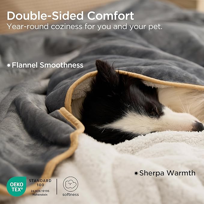 Bedsure Waterproof Blanket for Bed Intimacy- Sherpa Fleece Waterproof Dog Blankets for Large Dogs, Pet Blankets for Bed/Couch, Soft Plush Reversible Furniture Protector, Queen Size, 90"x86", Grey