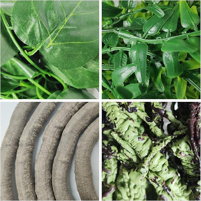 Fhiny 4 PCS Reptile Vines Plants Bendable Flexible Jungle Climbing Vines Plastic Leaves with Suction Cups Tank Accessories Habitat Decor for Bearded Dragons Lizards Snakes Geckos Frogs