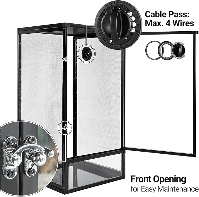 REPTI ZOO 16" x 16" x 30" Front Opening Chameleon Cage with 3-Sided Metal Mesh, 34 Gallon Screen Vertical Terrarium with Background Sticker, Tall Enclosure for Chameleon, Tree Frog, Arboreal Reptiles