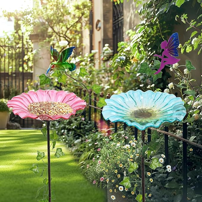 MUMTOP Bird Baths for Outdoors, 2 Pack Glass Bird Bath Stake, Hummingbird and Fairy Birdbaths & Support with Leafs, Bee Baths for Garden, Outside, Lawn, Outdoor Decor (Blue,Pink)