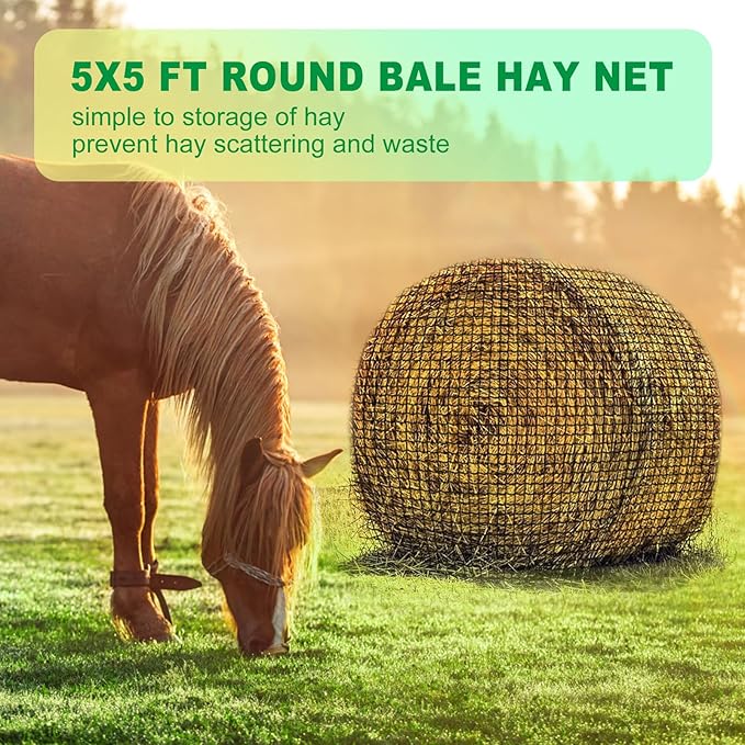 TONGMO 5x5 ft Round Bale Hay Net for Horses & Livestock - Slow Feeder Hay Nets with 2 inches Hole