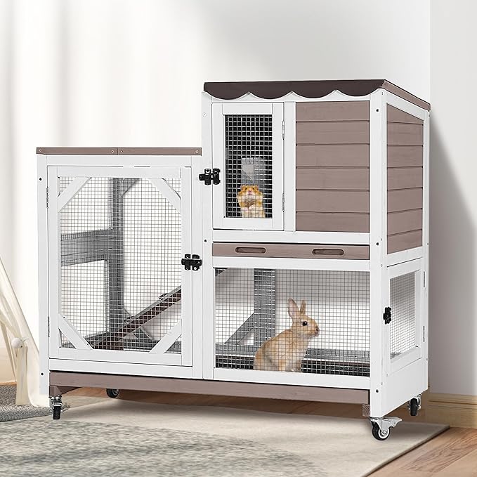 GUTINNEEN Duplex Rabbit Hutch Indoor with Chew-Proof Frame & 2 Leak-Proof Sliding Trays, Rain Cover, Wooden Guinea Pig Cages with Wheels - Brown