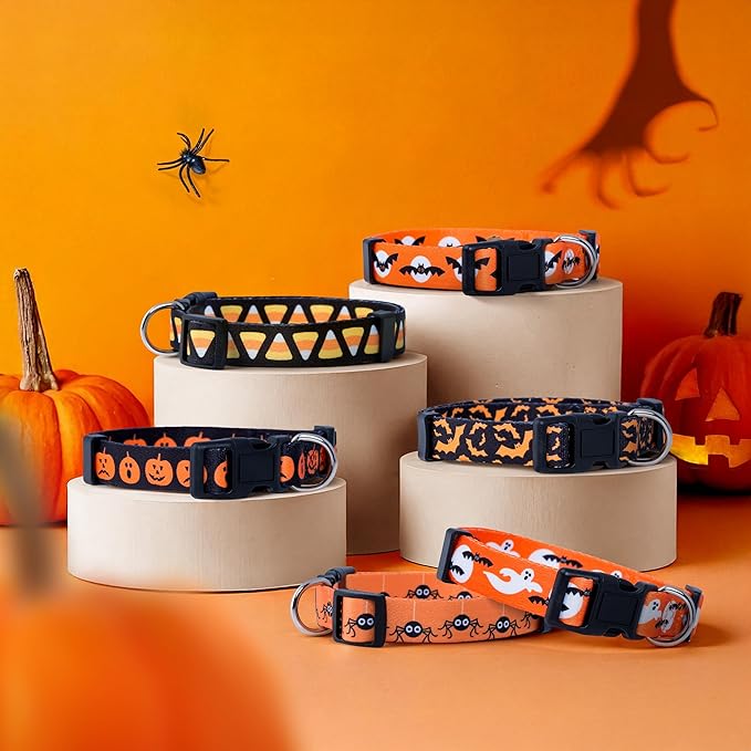Native Pup Halloween Dog Collar- Spooky Fall Themed Horror Costume Collars- Skull, Pumpkin, Ghost, Bat, Witch, Candy Corn, Spider- Adjustable for Small, Medium, Large Breeds (Medium, Spiders)