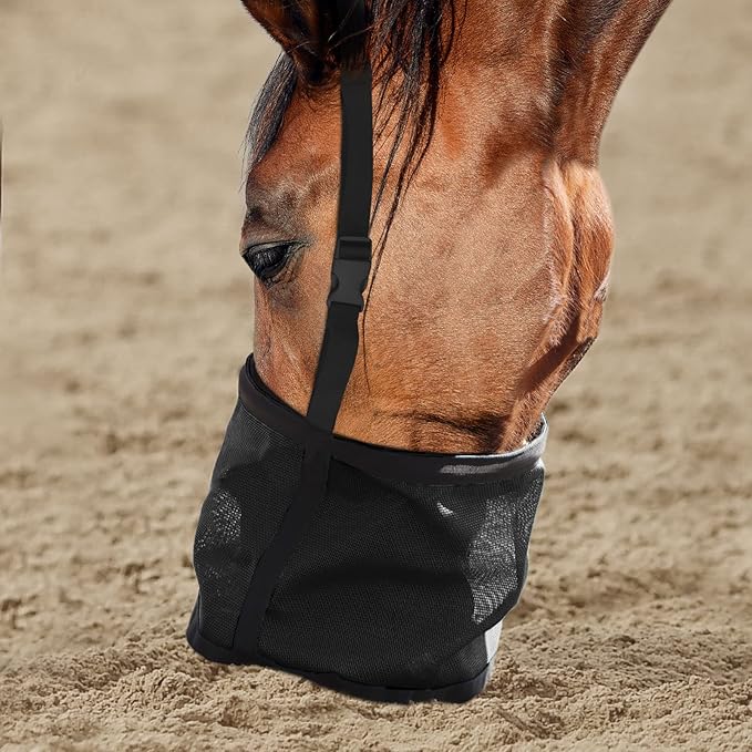 Harrison Howard Horse Muzzle Feed Bag Nylon Mesh Grain Feed Bag with Adjustable Strap Mars Black Small