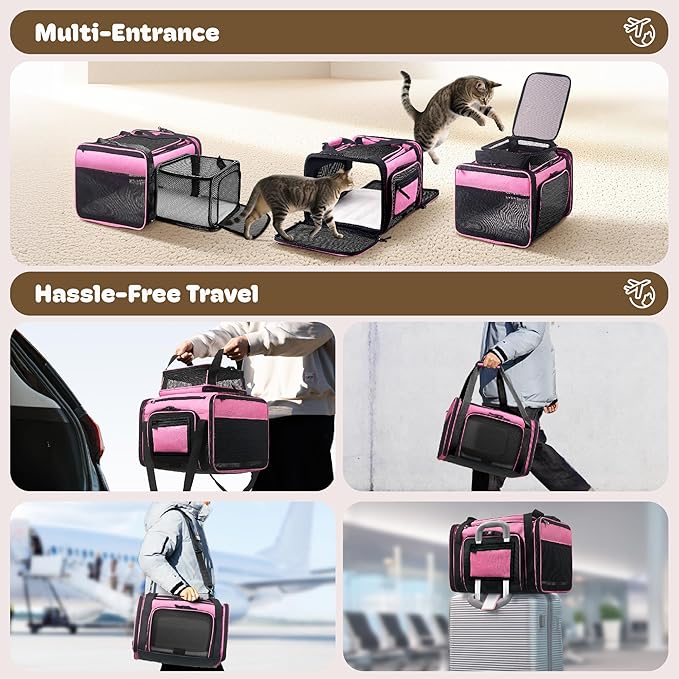 Top and 2 Sides Expandable Cat Carrier 18x11x11, TSA Airline Approved Dog Carriers for Small Dogs, Soft-Sided Pet Carrier with Self-Locking Zippers for Kitten,Rabbit, Puppy, Guinea Pig Pink